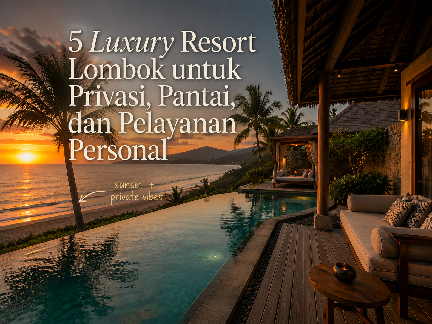 Suasana elegan luxury resort Lombok dengan kolam renang menghadap laut dan taman tropis