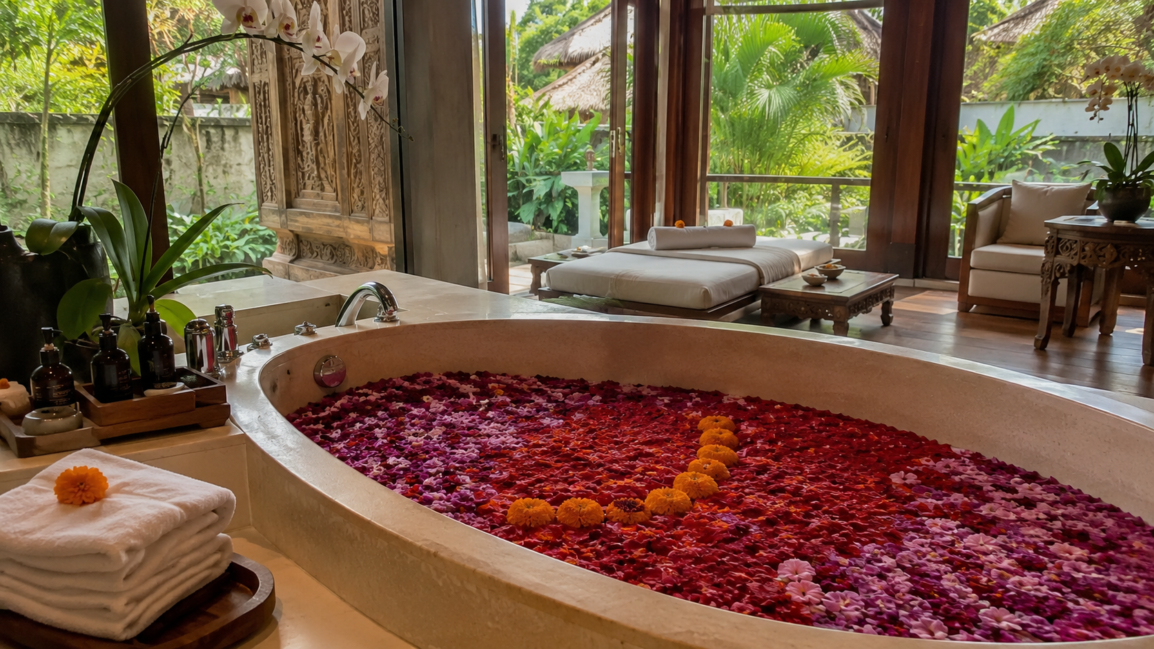 Interior spa mewah Bali dengan kolam rendam pribadi dan pemandangan taman tropis yang menenangkan