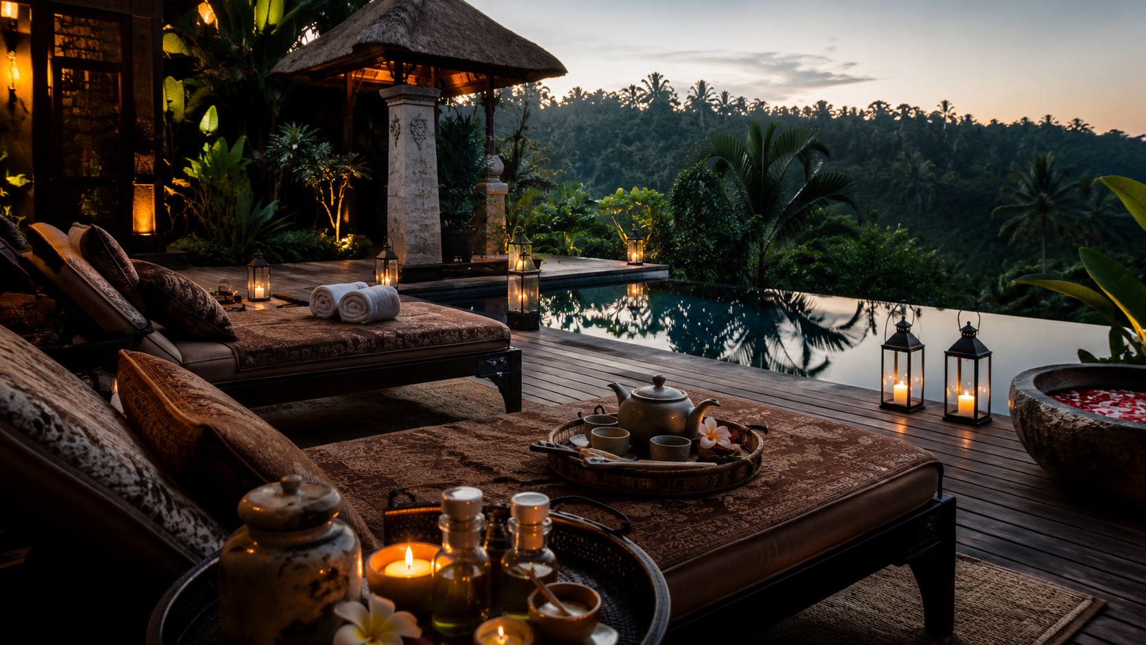 Area relaksasi spa mewah Bali dengan daybed menghadap hutan hijau dan aliran sungai alami