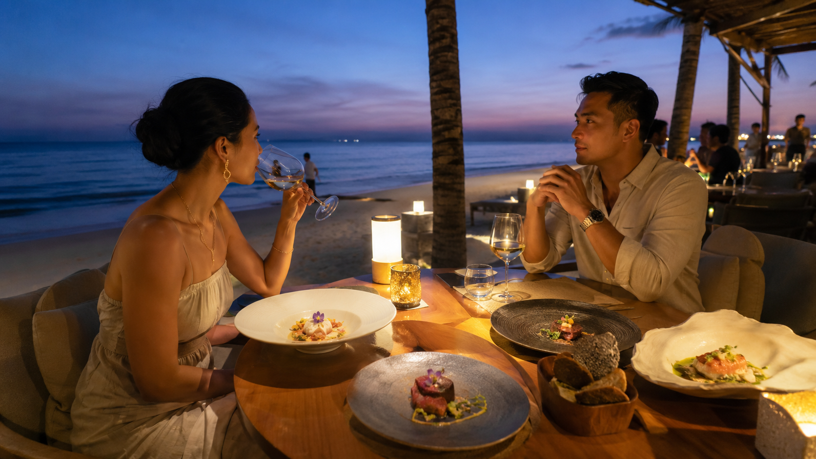 Interior restoran fine dining Bali dengan dekorasi mewah dan pencahayaan dramatis
