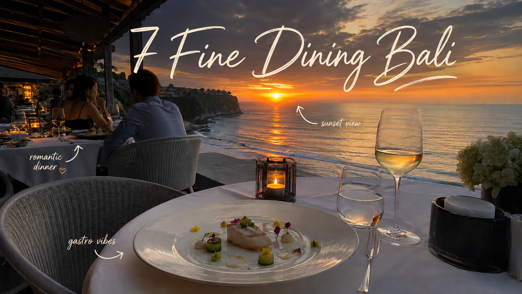 Suasana fine dining Bali yang elegan dengan pencahayaan hangat dan meja yang tertata rapi