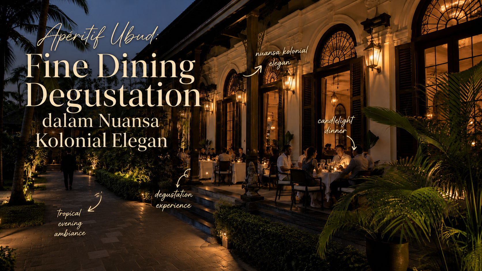 Suasana mewah ruang makan Apéritif Restaurant Ubud dengan interior kolonial dan pemandangan lembah tropis