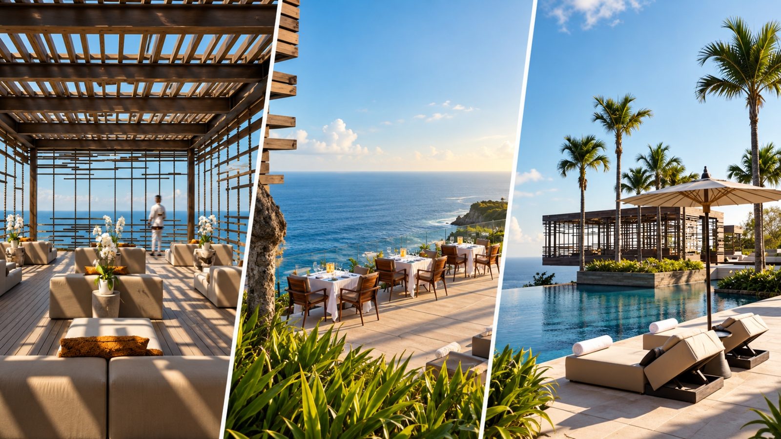 Deck restoran tebing Uluwatu saat golden hour menuju sunset