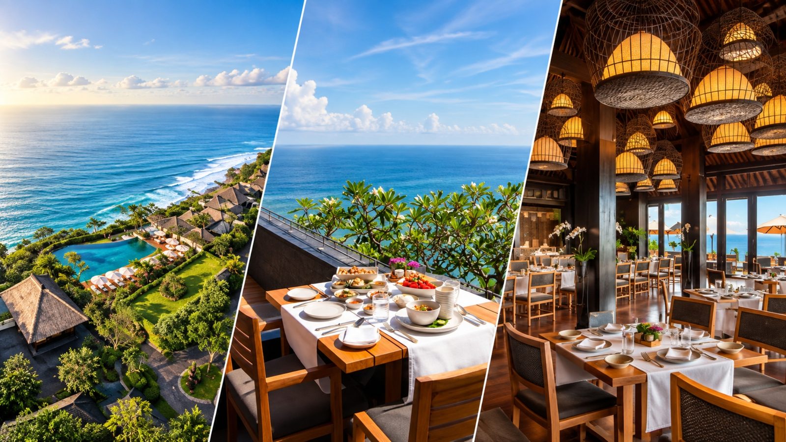 Suasana plating fine dining dengan latar laut di kawasan Ungasan Uluwatu
