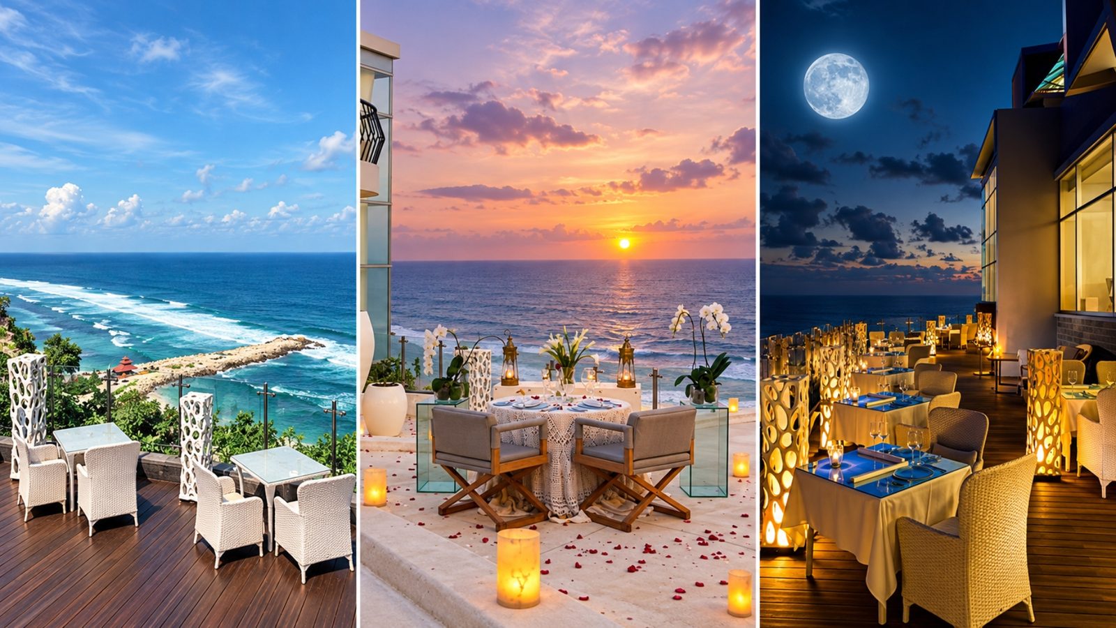 Meja fine dining menghadap tebing dan Samudra Hindia di Uluwatu Bali